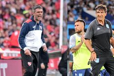 Frente a frente. Julio Vaccari, adiestrador del Rojo, y Gustavo Costas, DT de la Academia. Hay promesa de partidazo. Foto: X @independiente y @RacingManiacos