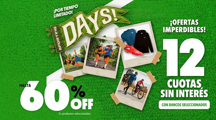 Sporting Days tiene opción de pago de hasta 12 cuotas sin interés con tarjetas y bancos seleccionados. Sporting Days tiene opción de pago de hasta 12 cuotas sin interés con tarjetas y bancos seleccionados.