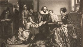 Ilustración que muestra a Shakespeare recitando una de sus obras a su familia.