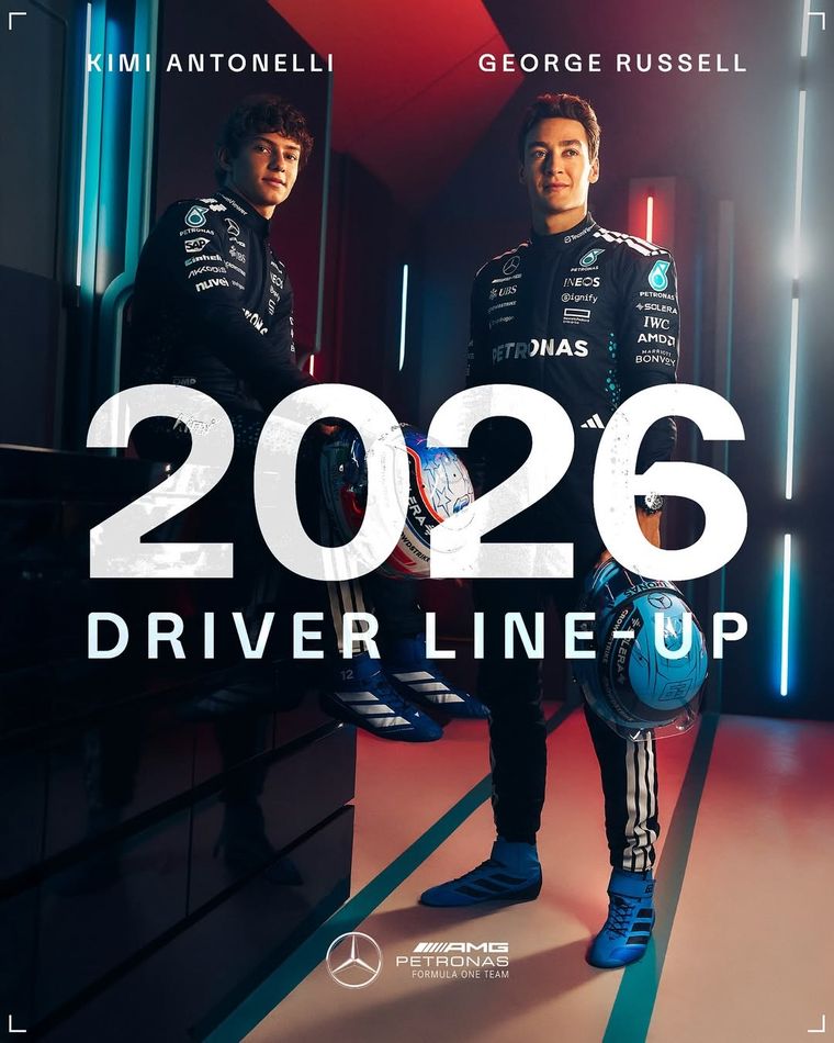 Mercedes confirmó a Russell y Antonelli para la temporada 2026 de la Fórmula 1. Mercedes confirmó a Russell y Antonelli para la temporada 2026 de la Fórmula 1.