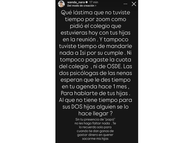 Wanda lo cruzó por no pagar la cuota del colegio. Wanda lo cruzó por no pagar la cuota del colegio.