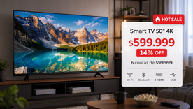 Durante el Hot Sale, este Hisense figura a $599.999 y puede pagarse en seis cuotas iguales informadas. Durante el Hot Sale, este Hisense figura a $599.999 y puede pagarse en seis cuotas iguales informadas.