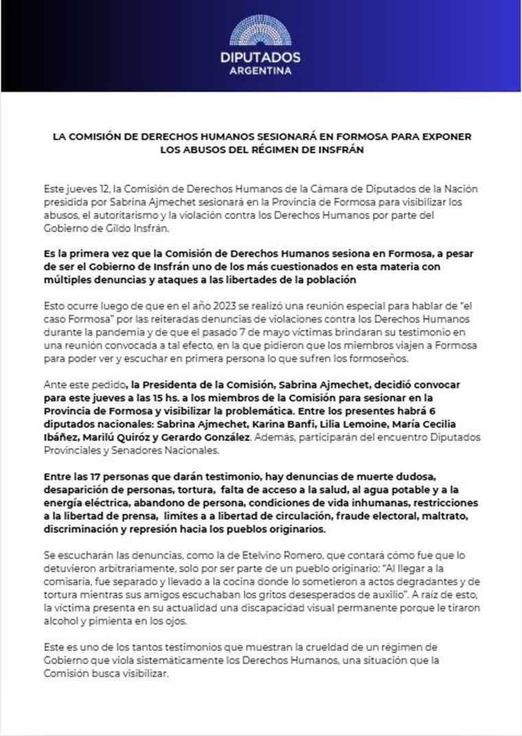 La Comisión de Derechos Humanos de la Cámara de Diputados de la Nación, presidida por la legisladora del PRO Sabrina Ajmechet, arribó este jueves a Formosa.