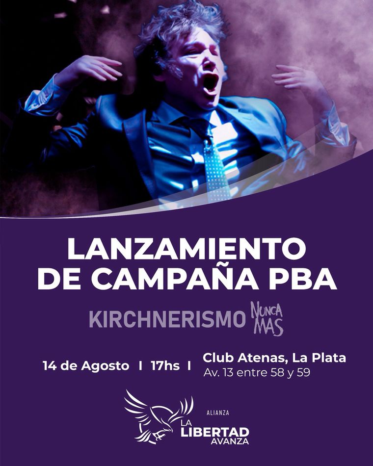 El folleto del acto de lanzamiento de campaña de La Libertad Avanza en el Club Atenas de La Plata que protagonizará Javier Milei. El folleto del acto de lanzamiento de campaña de La Libertad Avanza en el Club Atenas de La Plata que protagonizará Javier Milei.