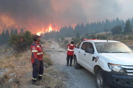 Los brigadistas intentan apagar las llamas en Esquel Foto: X @Desdemona_jna Los brigadistas intentan apagar las llamas en Esquel Foto: X @Desdemona_jna