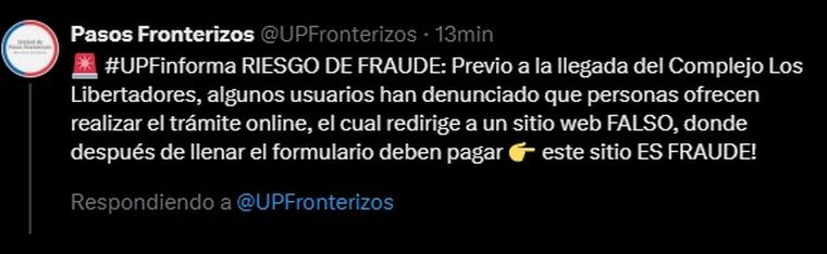 La alerta que Pasos Fronterizos compartió en sus redes sociales La alerta que Pasos Fronterizos compartió en sus redes sociales