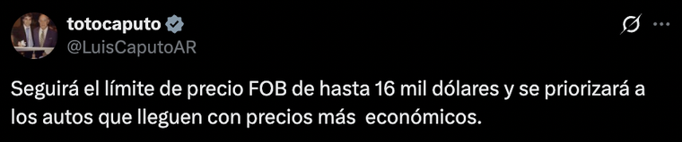 El posteo de Luis Caputo sobre la habilitación del cupo para importar 50 mil autos eléctricos en 2026. El posteo de Luis Caputo sobre la habilitación del cupo para importar 50 mil autos eléctricos en 2026.