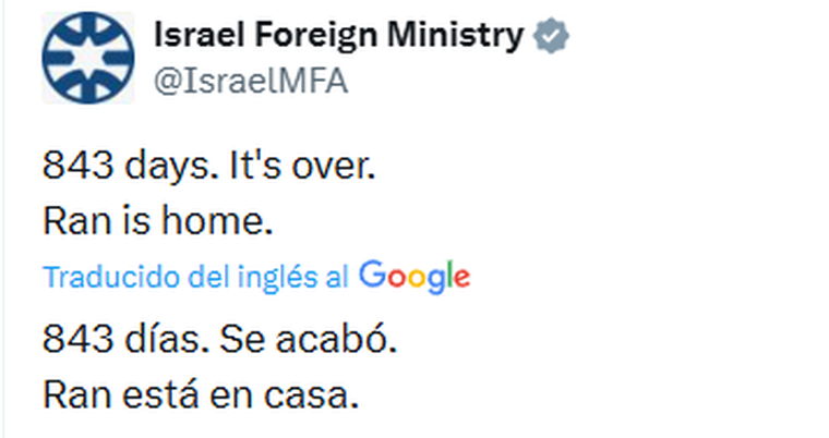 El mensaje del Ejército de Israel confirmando la recuperación del cuerpo del último rehén en Gaza. El mensaje del Ejército de Israel confirmando la recuperación del cuerpo del último rehén en Gaza.